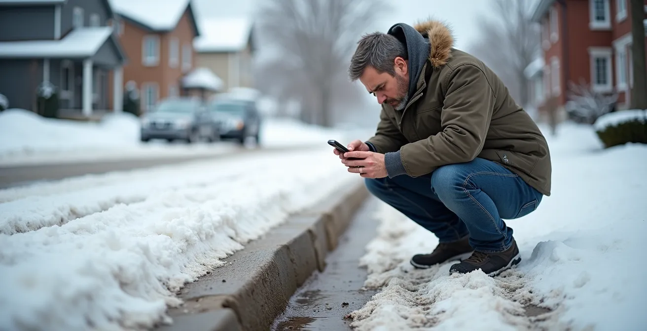 Bordure de béton endommagée par une opération de déneigement montrant des éclats et fissures typiques des dommages hivernaux