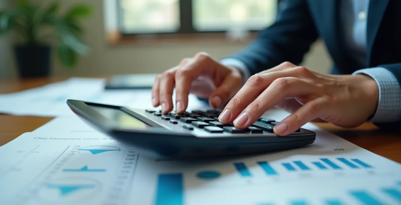 Vue rapprochée de mains calculant sur une calculatrice avec documents financiers flous en arrière-plan