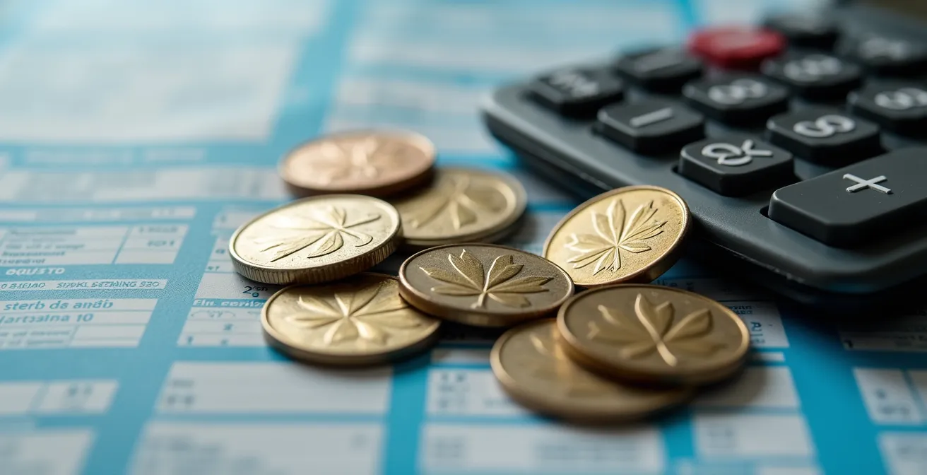 Vue macro de documents fiscaux québécois avec calculatrice et pièces de monnaie canadiennes