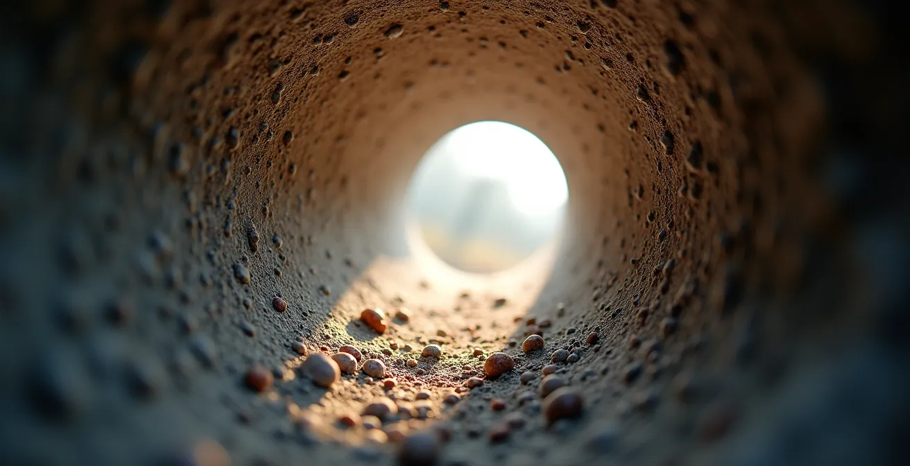 Vue macro de l'intérieur d'un conduit de ventilation montrant l'accumulation progressive de poussière et de particules.