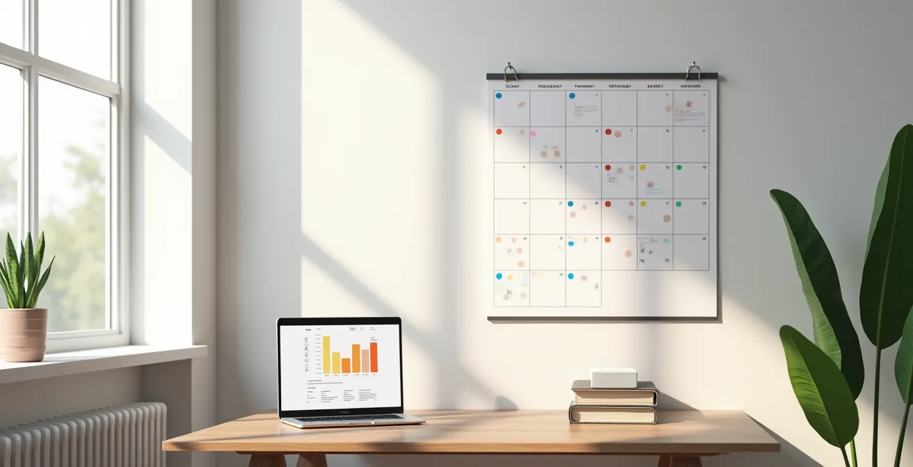 Vue d'ensemble d'un bureau avec calendrier mural et documents de planification financière