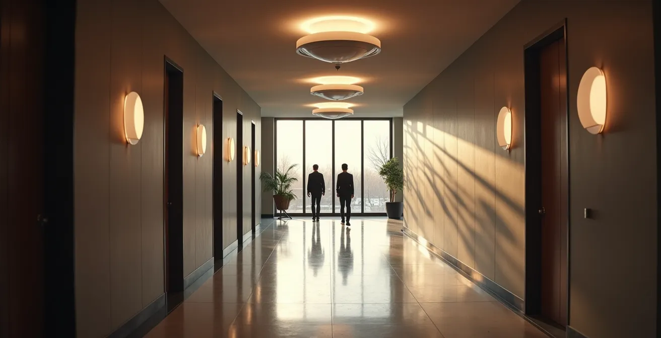 Couloir d'immeuble moderne avec système de surveillance discret et résidents floutés