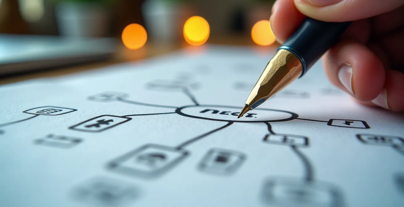 Vue macro d'une carte mentale manuscrite pour un projet de recherche académique avec des connexions et ramifications