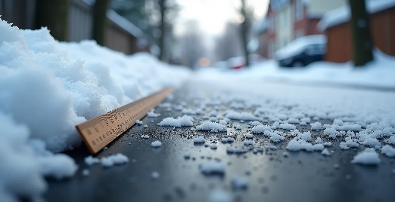 Comparaison visuelle de l'accumulation de neige montrant la différence entre 2 cm et 5 cm sur une entrée de garage québécoise