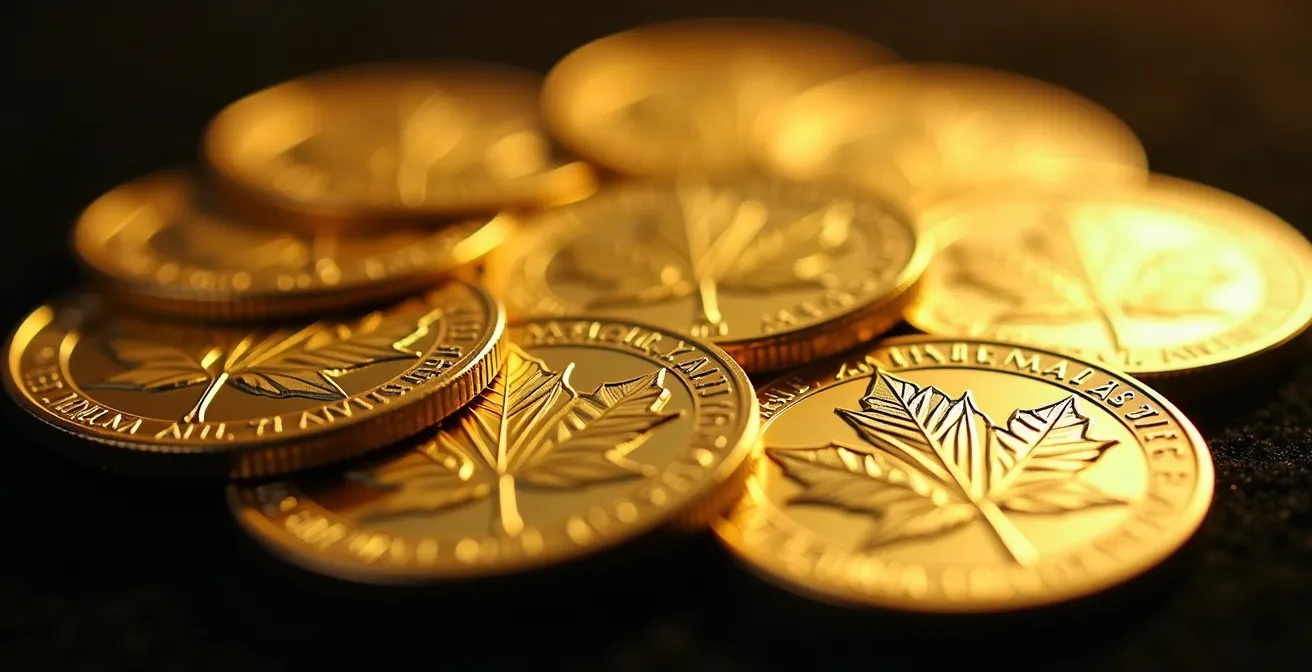 Macro photographie de pièces d'or canadiennes avec reflets de drapeaux internationaux dans leur surface dorée