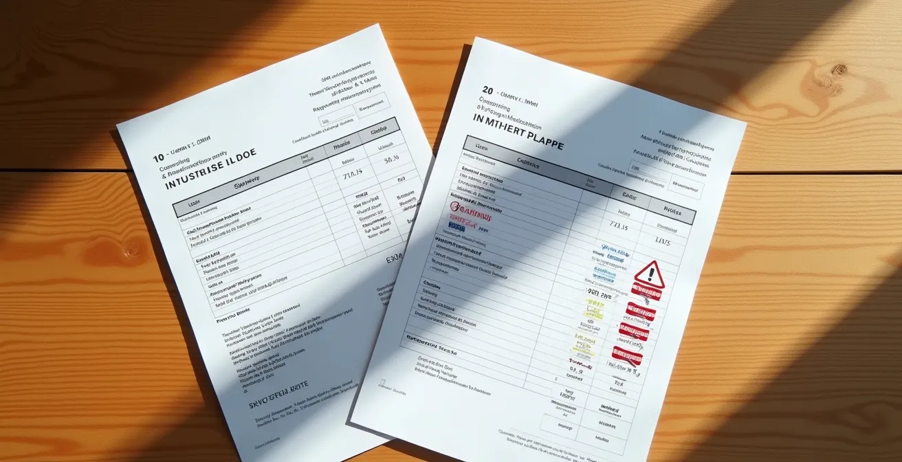 Illustration montrant deux devis côte à côte : un professionnel avec des sceaux de qualité, l'autre avec des signaux d'alarme.