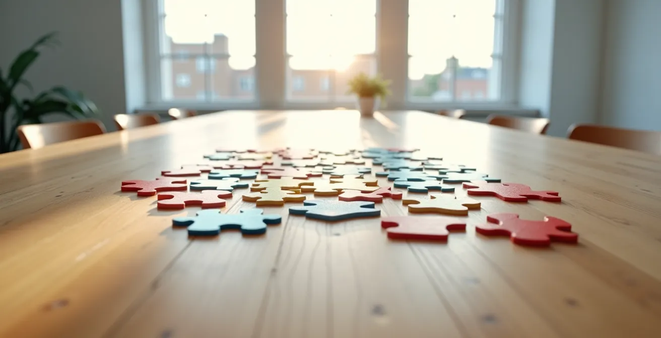 Pièces de puzzle colorées s'assemblant pour former une nouvelle image professionnelle