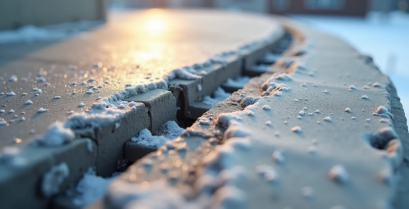 Vue rapprochée d'une surface de béton montrant les effets de l'effritement causé par le sel avec une comparaison visuelle entre une zone protégée et une zone endommagée