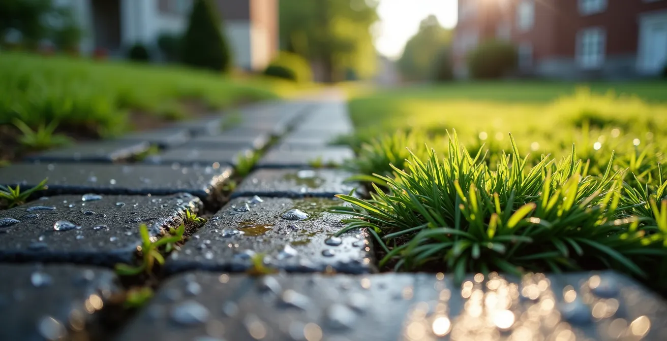 Transformation d'une entrée de garage asphaltée en surface perméable avec pavés alvéolés et végétation