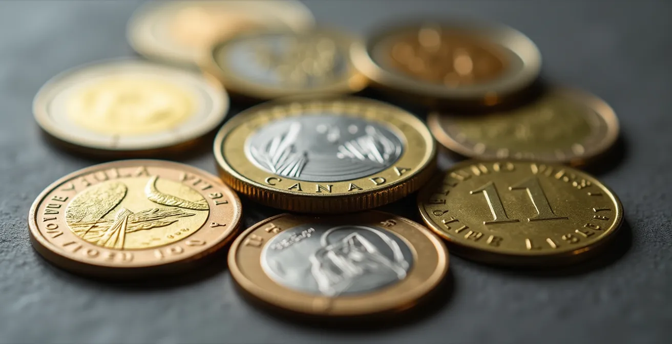 Vue macro de pièces de monnaie internationales illustrant la diversification géographique