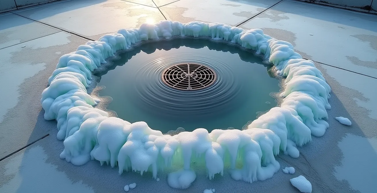 Vue aérienne d'un drain de toit plat entouré d'un barrage de glace circulaire avec accumulation d'eau