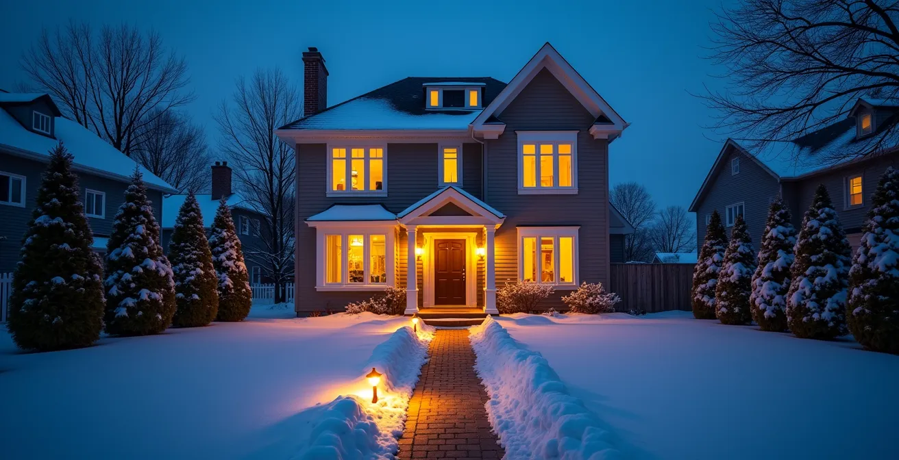 Éclairage architectural doux d'une façade de maison québécoise en soirée hivernale