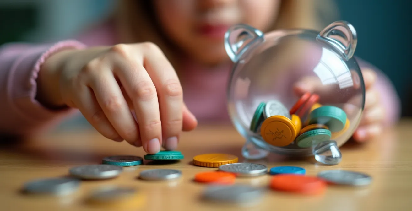 Enfant comptant ses pièces près d'une tirelire transparente remplie de monnaie colorée