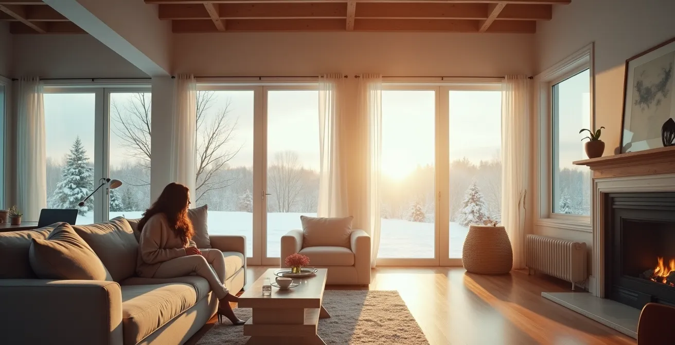 Intérieur chaleureux d'une maison québécoise en hiver, avec des grilles de ventilation modernes et une lumière douce.