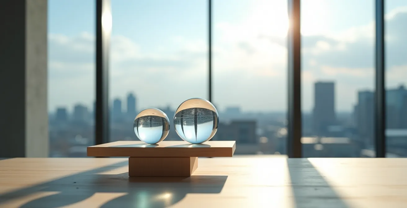 Espace de bureau minimaliste québécois avec balance symbolique entre sphères personnelle et professionnelle