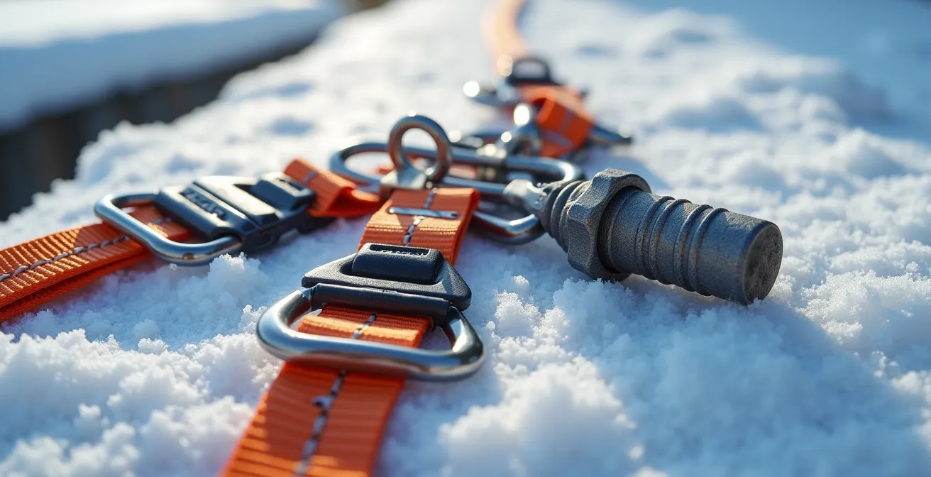 Gros plan sur l'équipement de sécurité professionnel pour déneigement de toiture incluant harnais et système d'ancrage