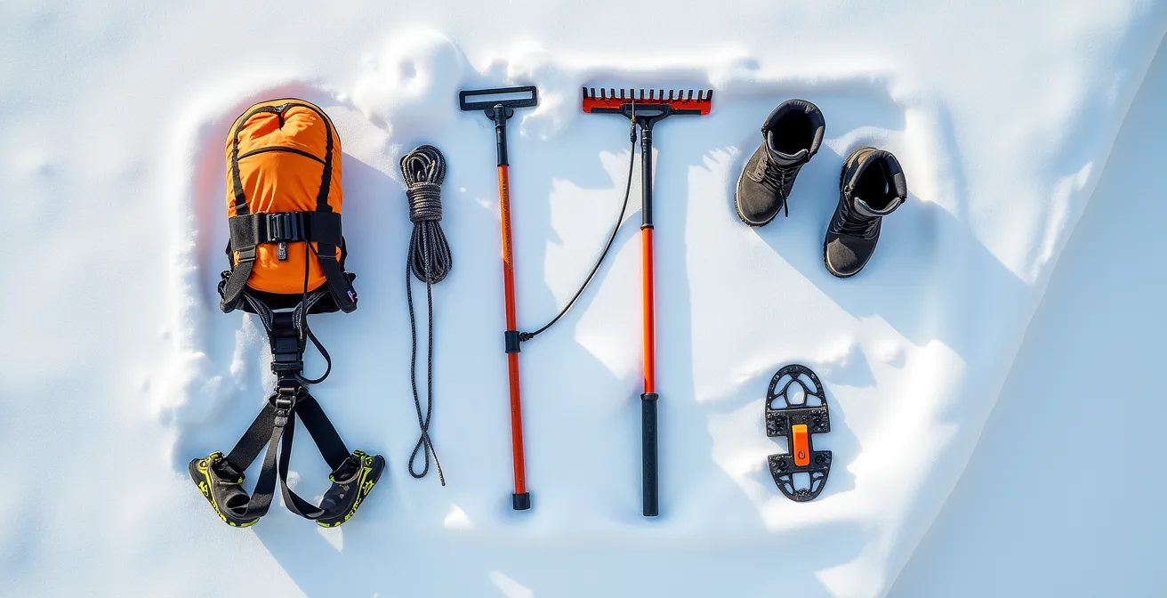 Équipement de sécurité professionnel pour déneigement de toiture disposé sur une surface enneigée incluant harnais, cordes et outils spécialisés