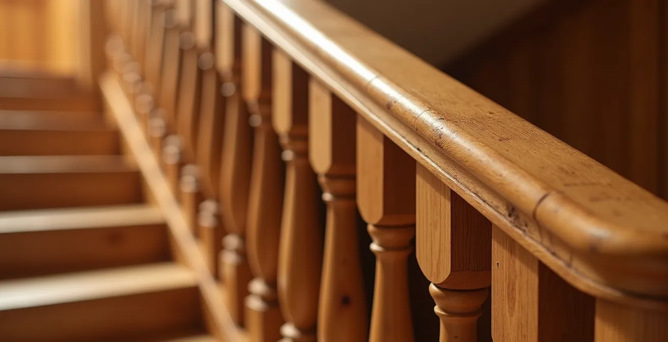 Vue détaillée d'un escalier intérieur montrant l'espacement réglementaire des barreaux et la hauteur de la main courante