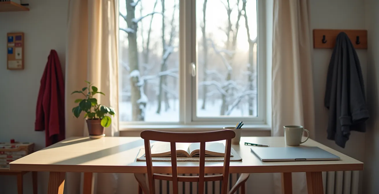 Bureau à domicile aménagé pour l'étude en ligne avec vue sur paysage hivernal québécois