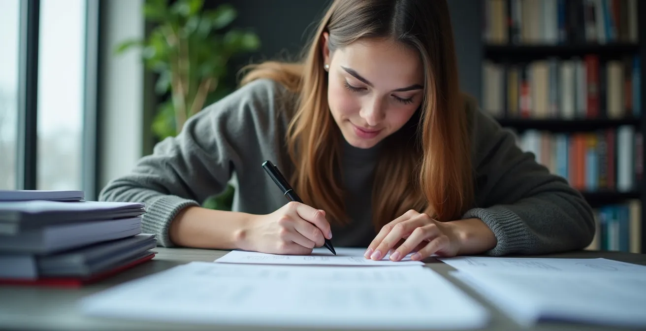 Étudiant préparant méticuleusement son dossier de candidature pour une bourse de recherche dans un environnement studieux