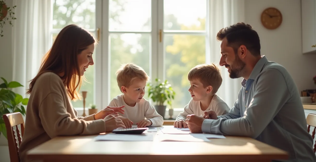 Famille réunie autour d'une table avec calculatrice et papiers de budget dans une ambiance sereine