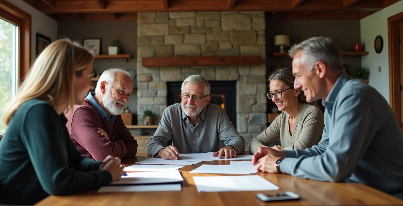 Famille québécoise réunie autour d'une table en bois avec un conseiller, discutant de planification successorale de manière sereine.