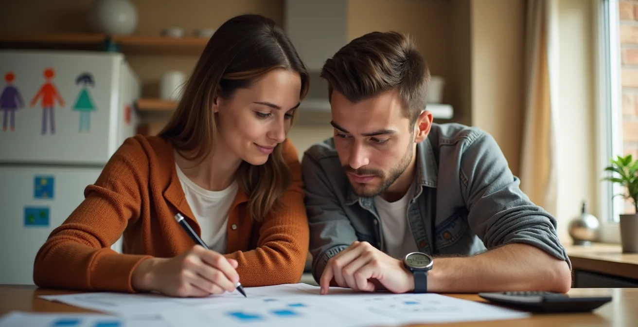Parents québécois consultant des documents fiscaux sur une table de cuisine avec calculatrice et relevé 24 visible de loin