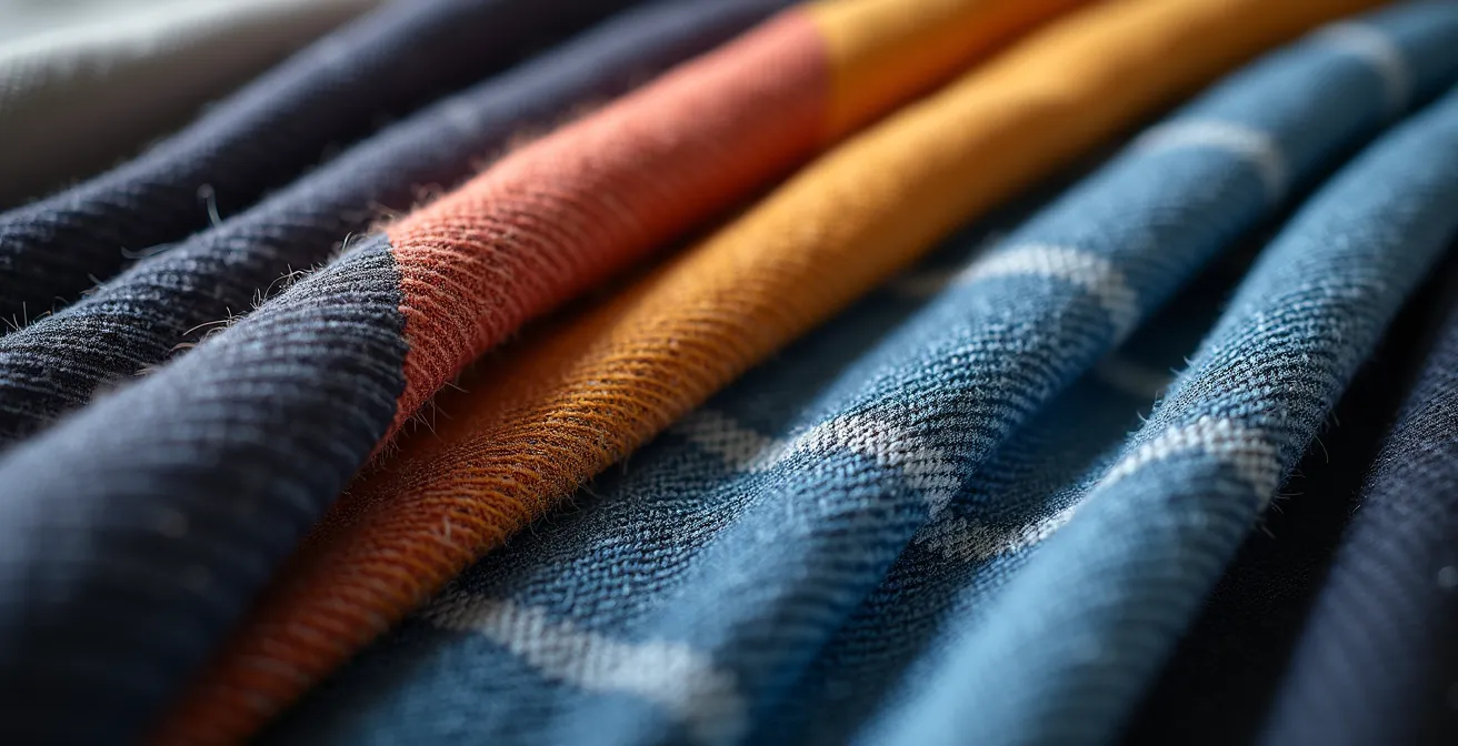 Vue macro de textures de tissus professionnels mélangés créant un dégradé du formel au casual