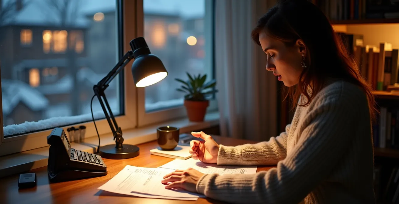 Bureau à domicile avec calculatrice, graphiques budgétaires et fenêtre hivernale