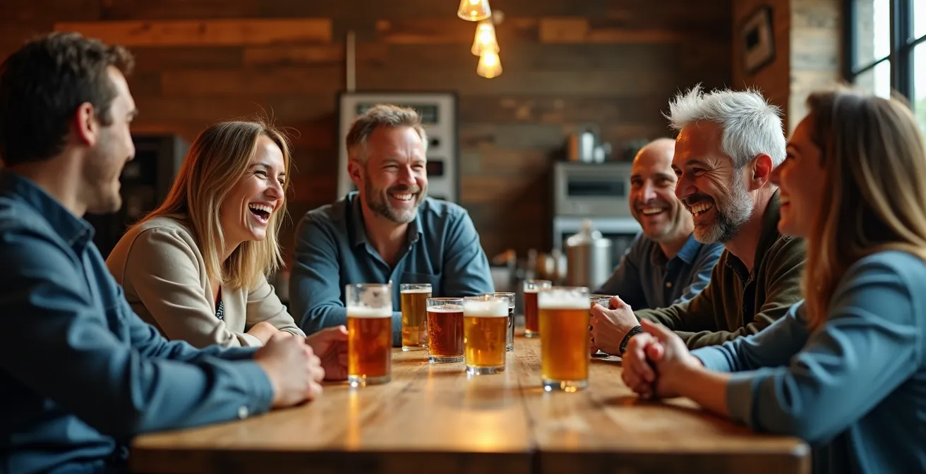 Groupe d'amis dans une microbrasserie gaspésienne avec ambiance conviviale