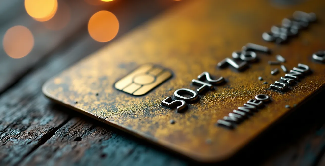 Détail macro d'une carte de crédit ancienne montrant l'usure du temps