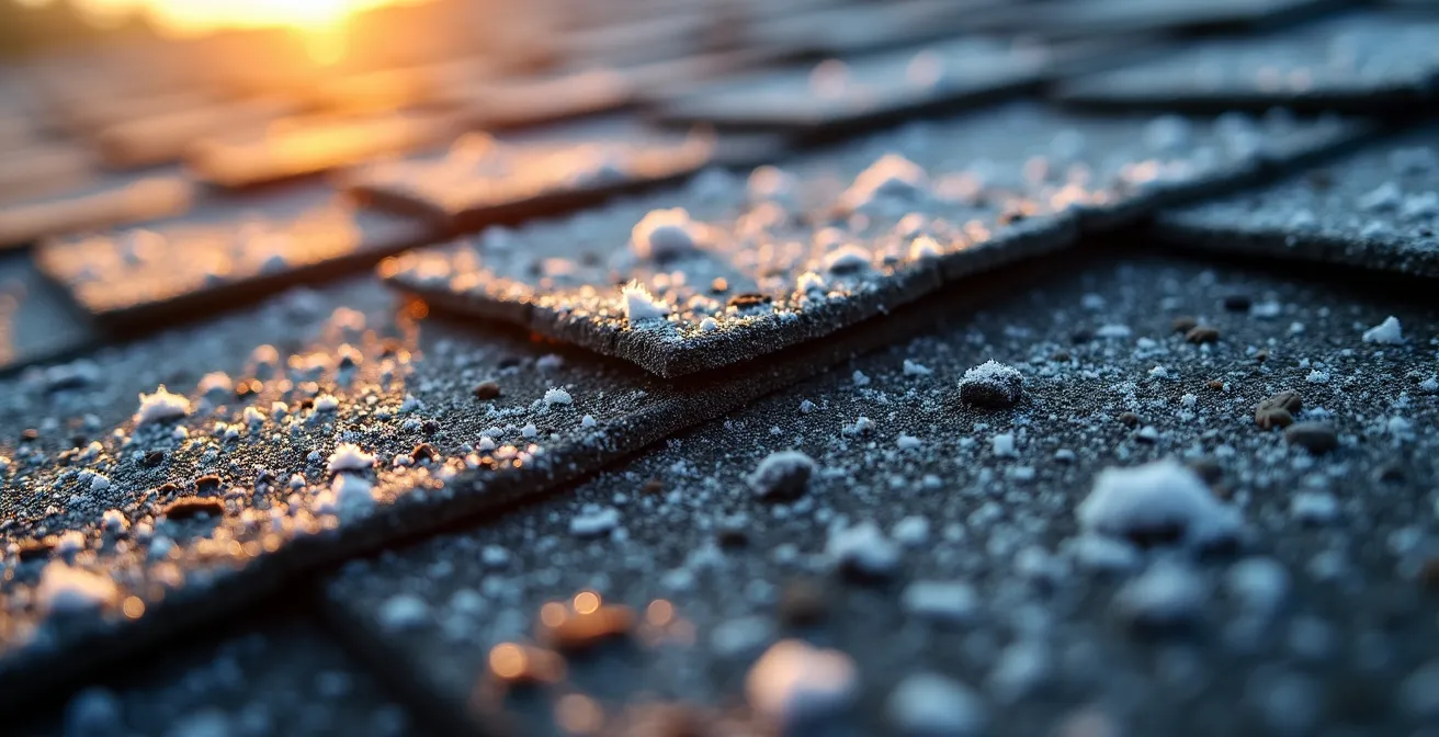 Vue macro de bardeaux d'asphalte montrant l'usure due aux cycles gel-dégel