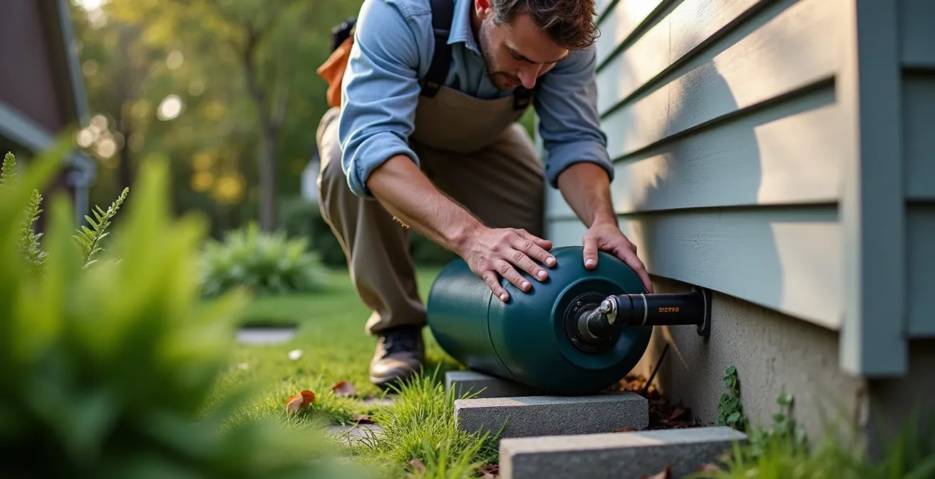 Installation d'un baril récupérateur d'eau de pluie connecté à une gouttière d'un plex montréalais avec jardin de plantes indigènes