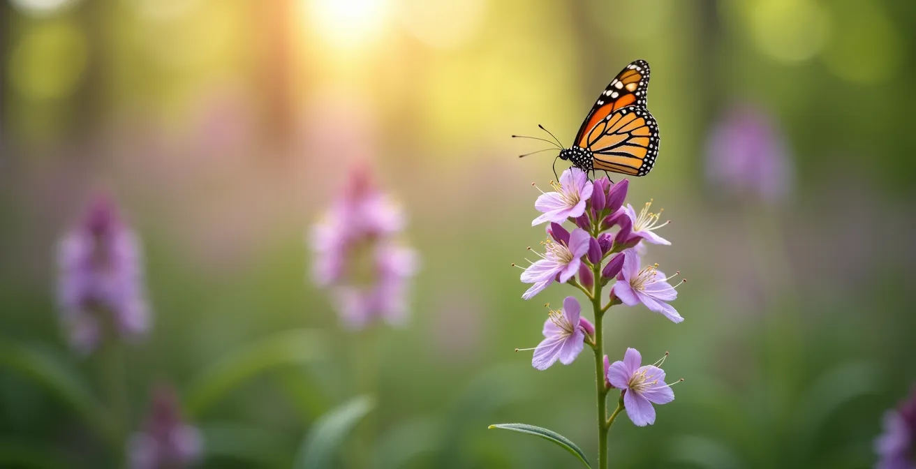 Jardin de façade avec amélanchier en fleurs et asclépiades attirant les papillons monarques