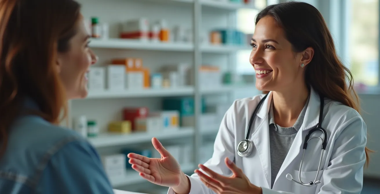 Personne consultant une pharmacienne dans un bureau privé avec documents d'assurance flous en arrière-plan