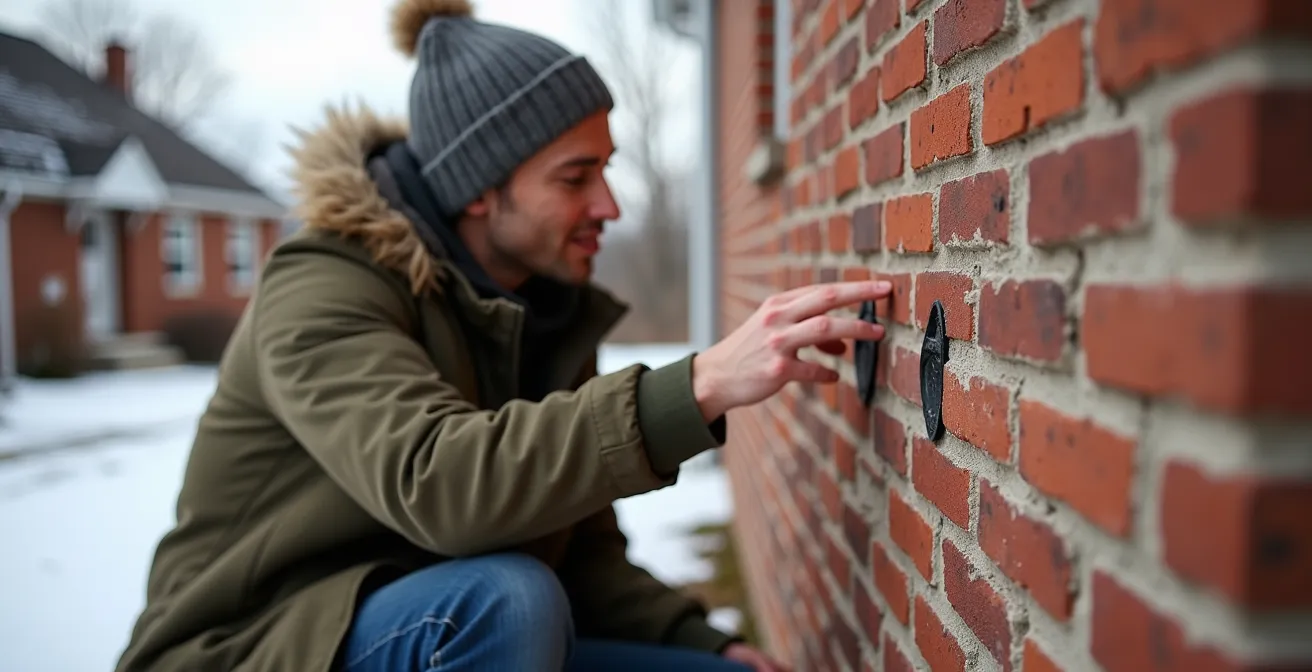 Coupe architecturale d'un mur de brique montrant le système de drainage avec pleurards