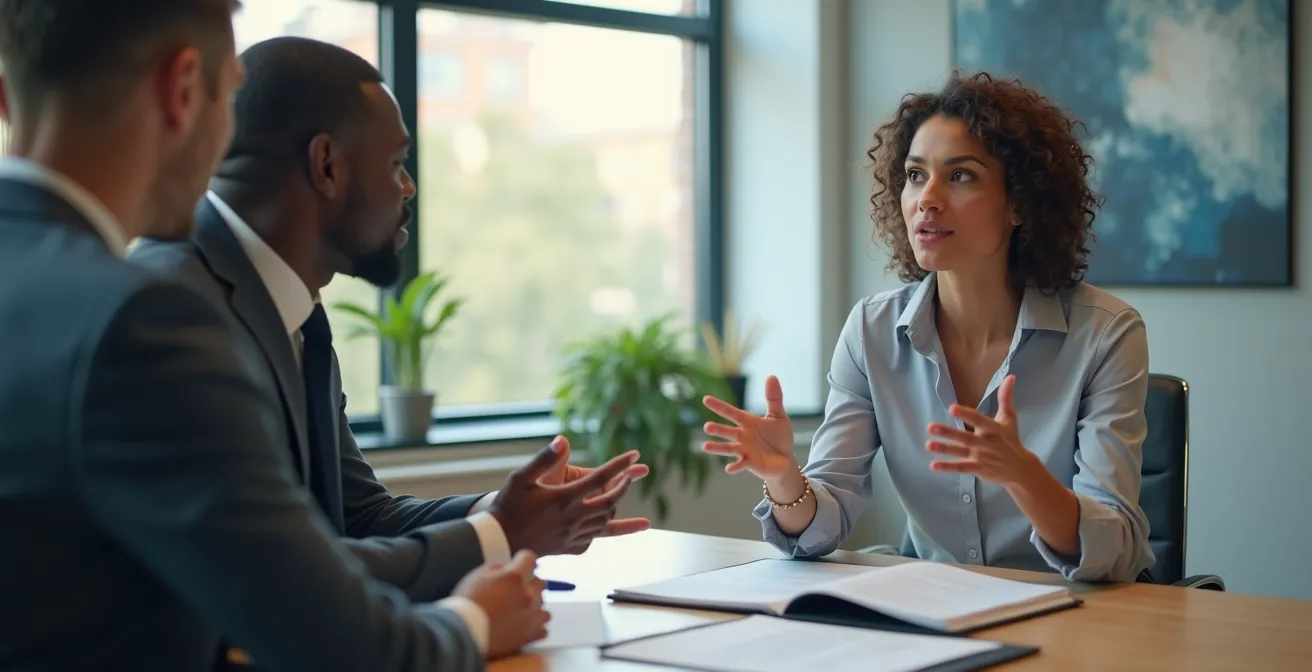 Deux professionnels en discussion dans une salle de réunion moderne avec documents sur la table