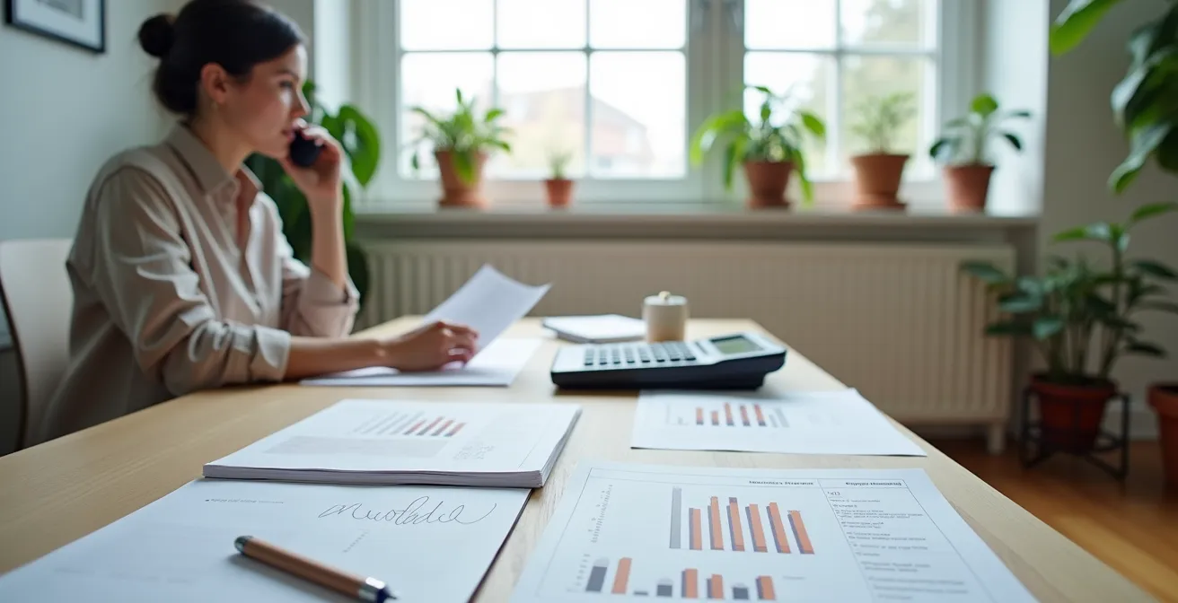 Personne bien préparée négociant au téléphone avec des feuilles de comparaison de forfaits sur son bureau.