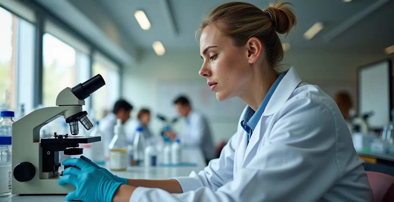 Étudiant adulte en laboratoire universitaire avec équipement scientifique