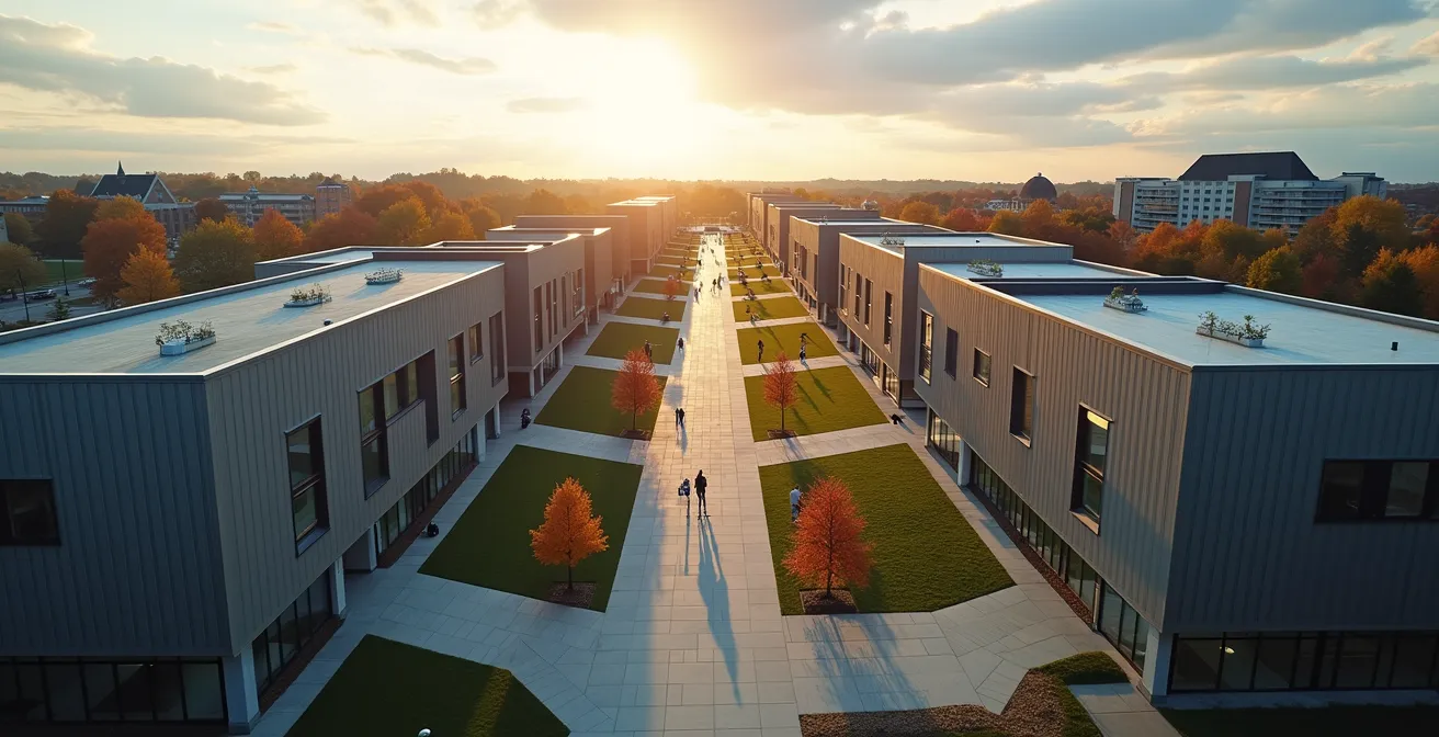 Vue aérienne minimaliste d'un campus universitaire québécois