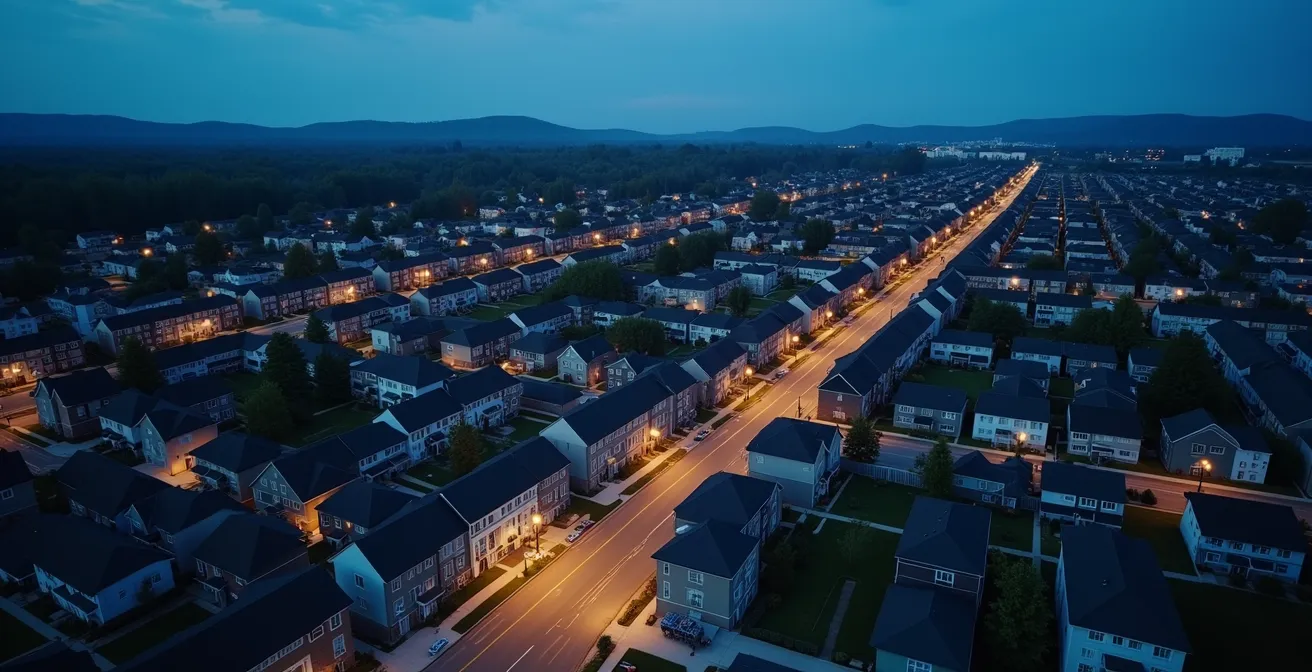 Vue aérienne d'un quartier résidentiel québécois montrant le contraste entre zones développées et terrains vacants