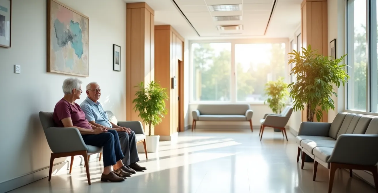 Couple de personnes âgées dans une clinique médicale moderne au Québec