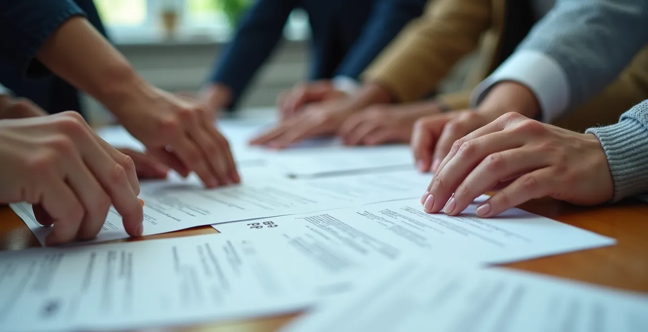 Vue macro de mains organisant des documents professionnels sur une table