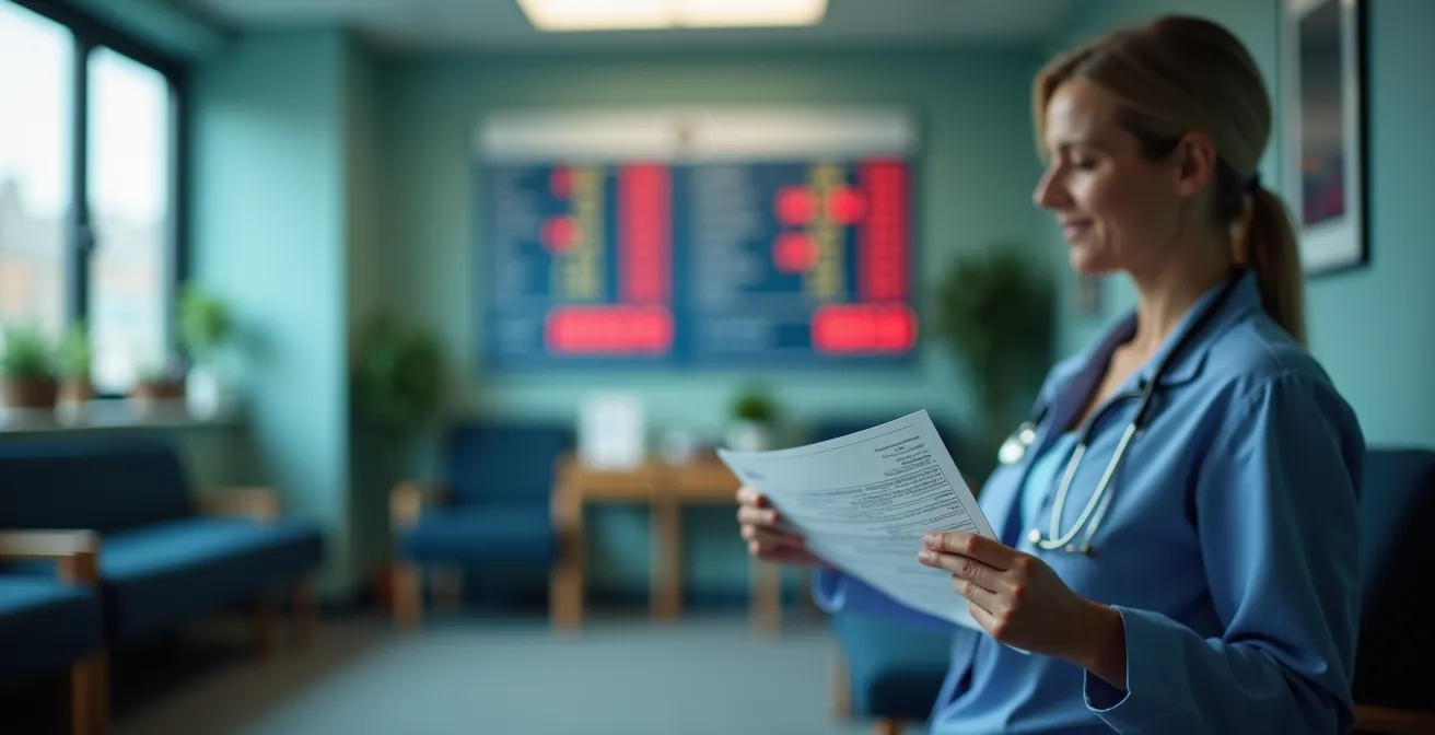 Bureau médical avec affichage de tarifs flous et patient tenant des documents administratifs