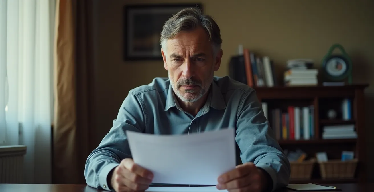 Propriétaire québécois examinant les documents de reprise de logement dans un bureau