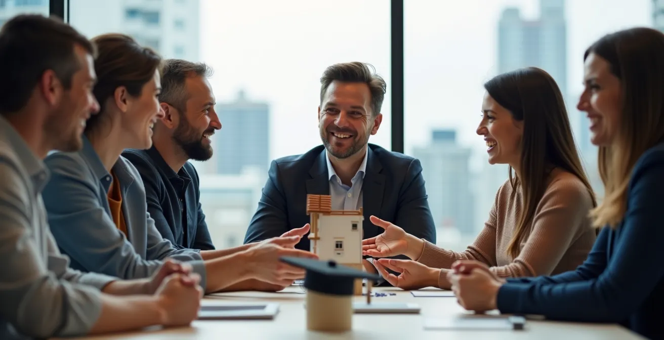 Employés diversifiés autour d'une table de réunion moderne dans un bureau montréalais avec vue sur le fleuve