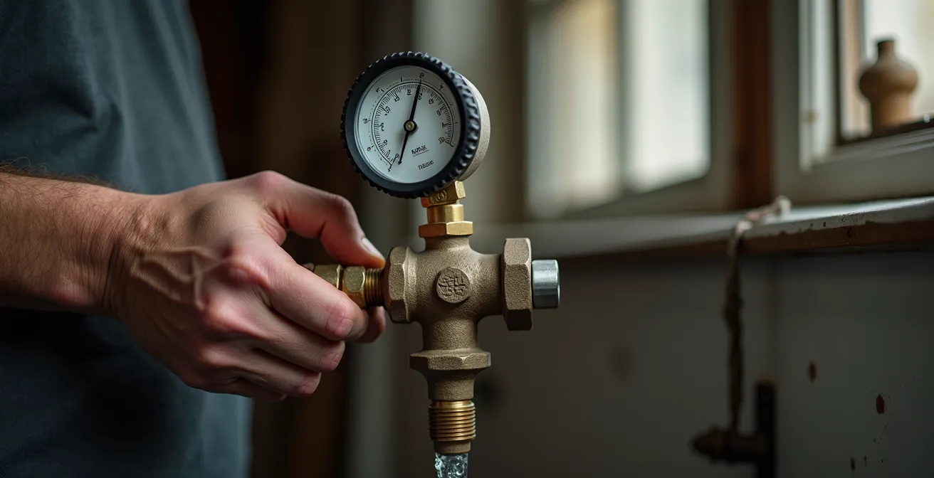 Main tournant délicatement une valve principale avec un manomètre visible pour contrôler la pression