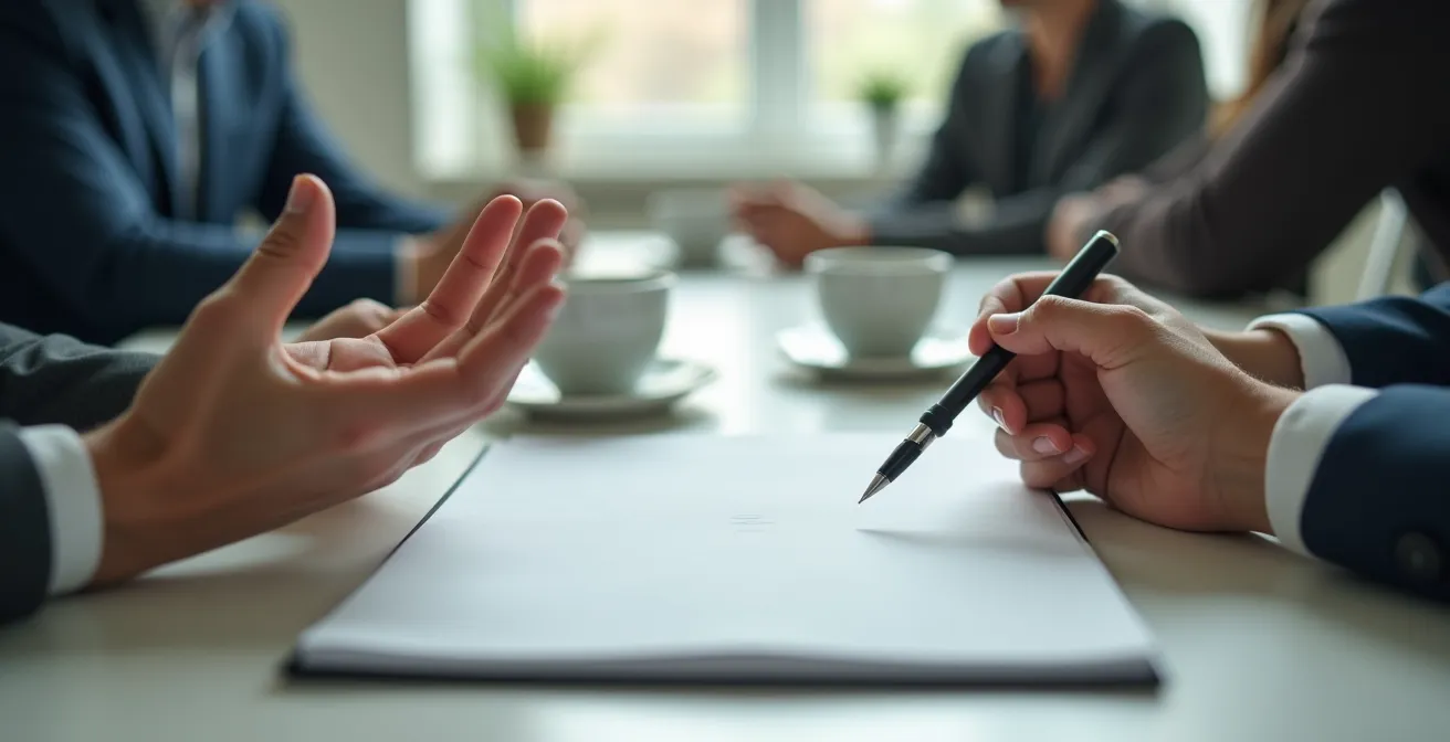 Deux professionnels en discussion constructive dans un espace de médiation calme