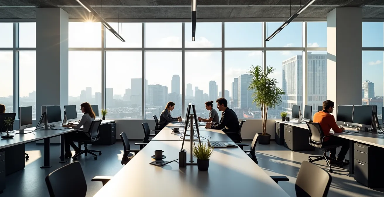 Espace de travail québécois montrant différents modes de participation en réunion virtuelle