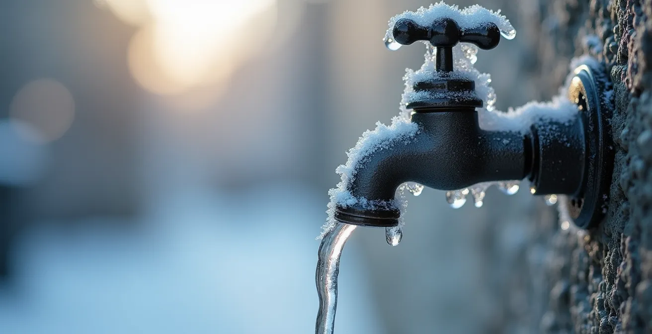 Coupe transversale d'un robinet extérieur montrant la formation de glace et les points de rupture possibles